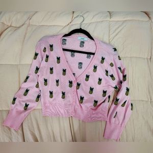 Cropped Fitted Light Pink Cardigan with Pineapples Size Large